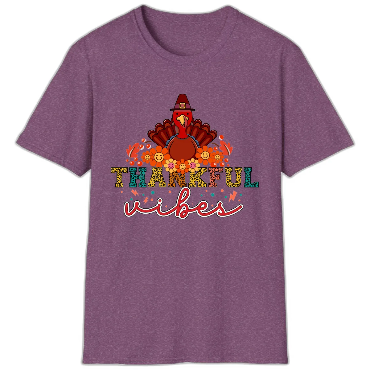 Turkey Vibes Thanksgiving Design T-Shirt in Heather Maroon